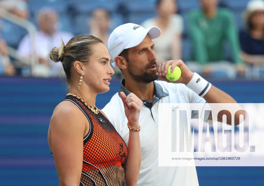 NOVAK DJOKOVIC (Serbia) and ARYNA SABALENKA during the match mixed doubles round 1 16 final of US Open against H. Patten (Great Britain) and K. Siniakova (Czech Republic). New York, USA. Tennis: US Open - Aryna Sabalenka, Novak Djokovic Double Mix - ZUMAc278 20260825_zsp_c278_004