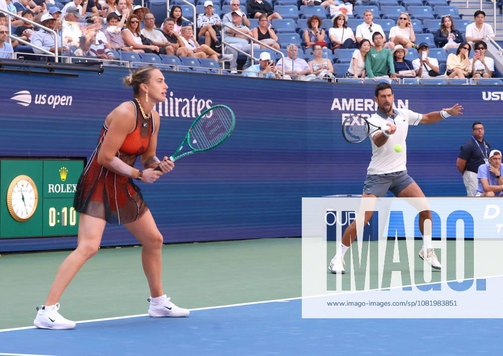 NOVAK DJOKOVIC (Serbia) and ARYNA SABALENKA during the match mixed doubles round 1 16 final of US Open against H. Patten (Great Britain) and K. Siniakova (Czech Republic). New York, USA. Tennis: US Open - Aryna Sabalenka, Novak Djokovic Double Mix - ZUMAc278 20260825_zsp_c278_017