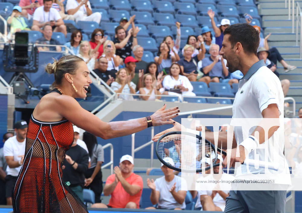 NOVAK DJOKOVIC (Serbia) and ARYNA SABALENKA during the match mixed doubles round 1 16 final of US Open against H. Patten (Great Britain) and K. Siniakova (Czech Republic). New York, USA. Tennis: US Open - Aryna Sabalenka, Novak Djokovic Double Mix - ZUMAc278 20260825_zsp_c278_019