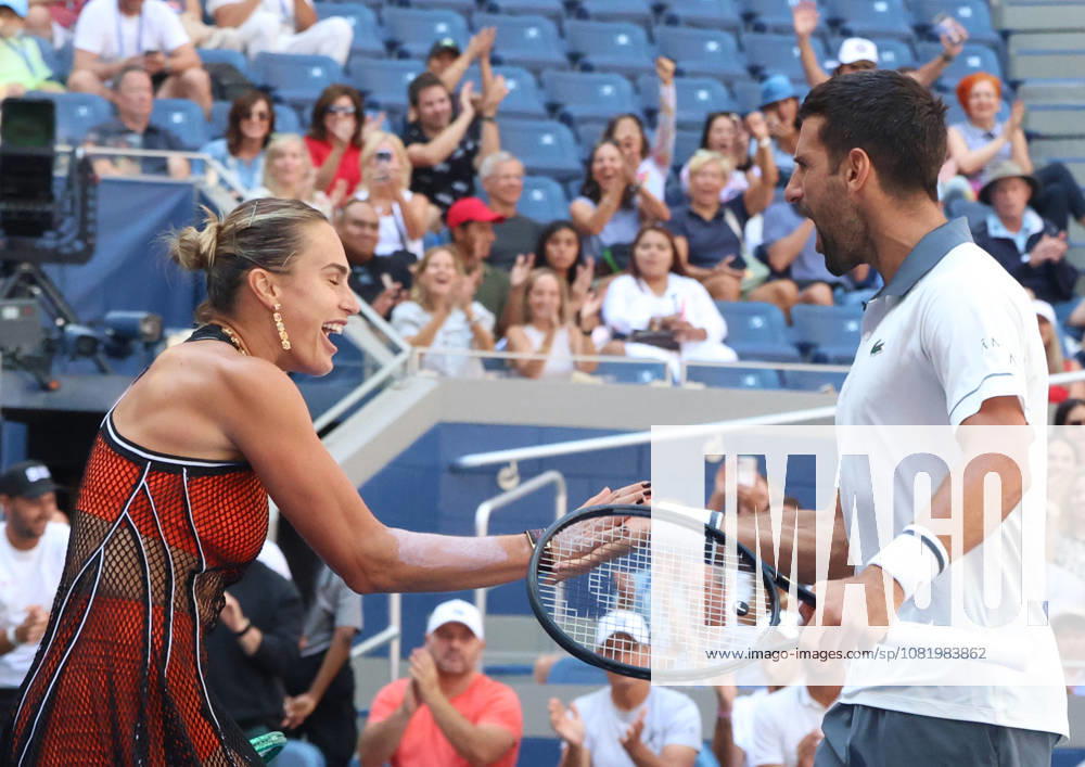 NOVAK DJOKOVIC (Serbia) and ARYNA SABALENKA during the match mixed doubles round 1 16 final of US Open against H. Patten (Great Britain) and K. Siniakova (Czech Republic). New York, USA. Tennis: US Open - Aryna Sabalenka, Novak Djokovic Double Mix - ZUMAc278 20260825_zsp_c278_022
