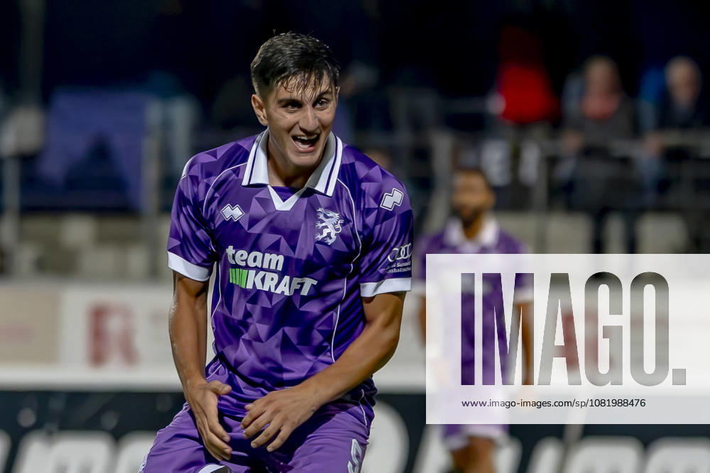 Burghausen, Germany, August 25, 2026—Toto Cup (Bavarian State Cup) 2026–2027, Round of 16: SV Wacker Burghausen vs. FC Ingolstadt 04. Pictured: Goal scorer Emre Gül Guel of FCI celebrates after scoring his goal to make it 0–4 at the flatbuy Stadium in Bavaria.