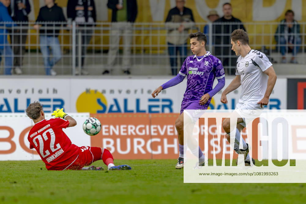 Burghausen, Germany, August 25, 2026, Toto Cup, 2026–2027 Bavarian State Cup, Round of 16: SV Wacker Burghausen vs. FC Ingolstadt 04. Pictured, second from the left: Emre Gül Guel of FCI with a chance to make it 0–2 at the flatbuy Stadium in Bavaria.
