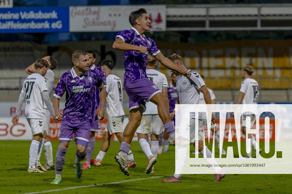 Burghausen, Germany, August 25, 2026, Toto Cup, 2026–2027 Bavarian State Cup, Round of 16: SV Wacker Burghausen vs. FC Ingolstadt 04. Pictured in the foreground: Goal scorer Emre Gül Guel of FCI celebrates after scoring the goal to make it 0–2. flatbuy Bayern Stadium