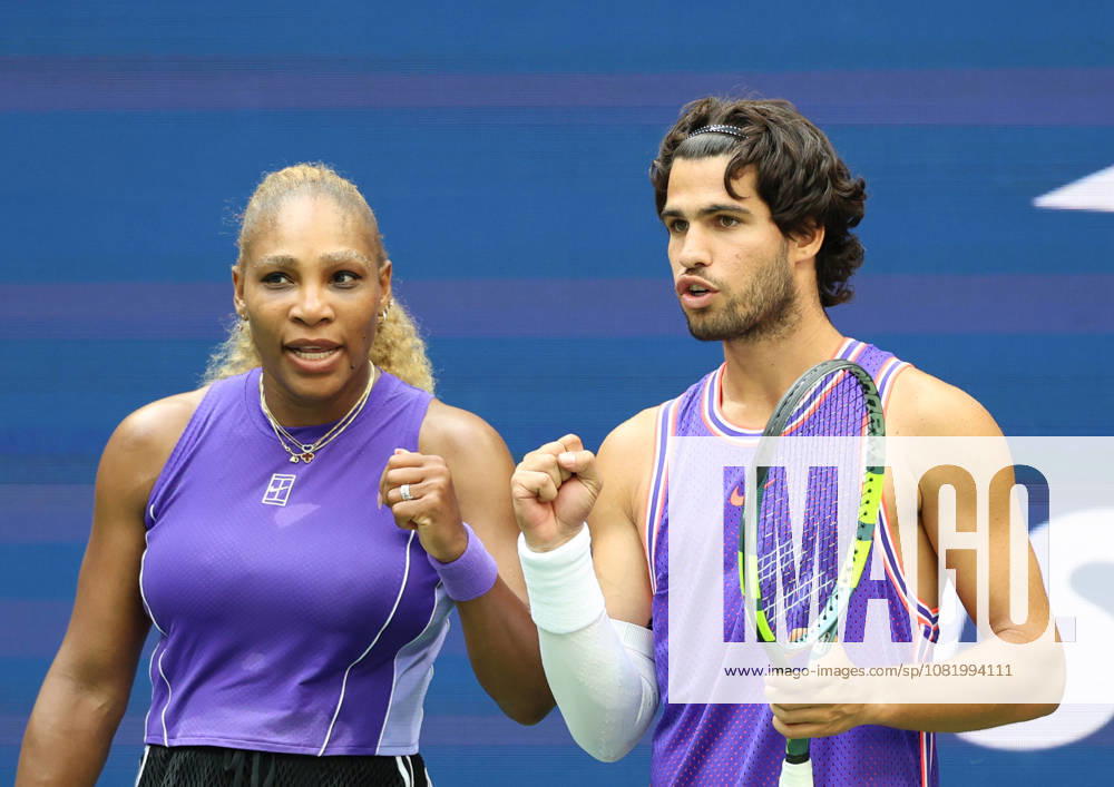 CARLOS ALCARAZ of Spain and SERENA WILLIAMS of USA during the match in the first round mixed doubles of US Open against E. Routliffe of New Zealand and L. Glasspool of Great Britain. New York, USA. New York City USA - ZUMAc278 20260825_zsp_c278_037