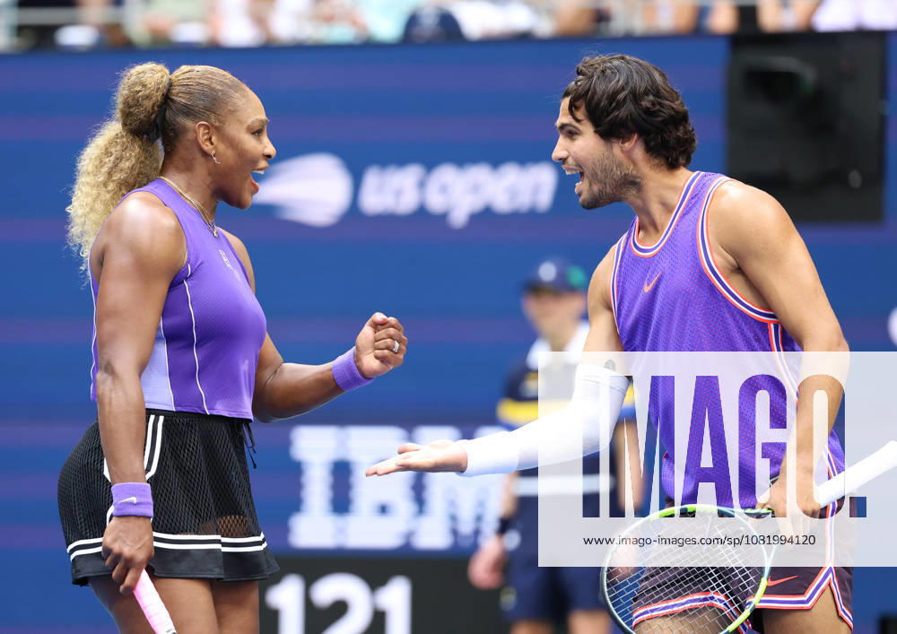 CARLOS ALCARAZ of Spain and SERENA WILLIAMS of USA during the match in the first round mixed doubles of US Open against E. Routliffe of New Zealand and L. Glasspool of Great Britain. New York, USA. New York City USA - ZUMAc278 20260825_zsp_c278_041