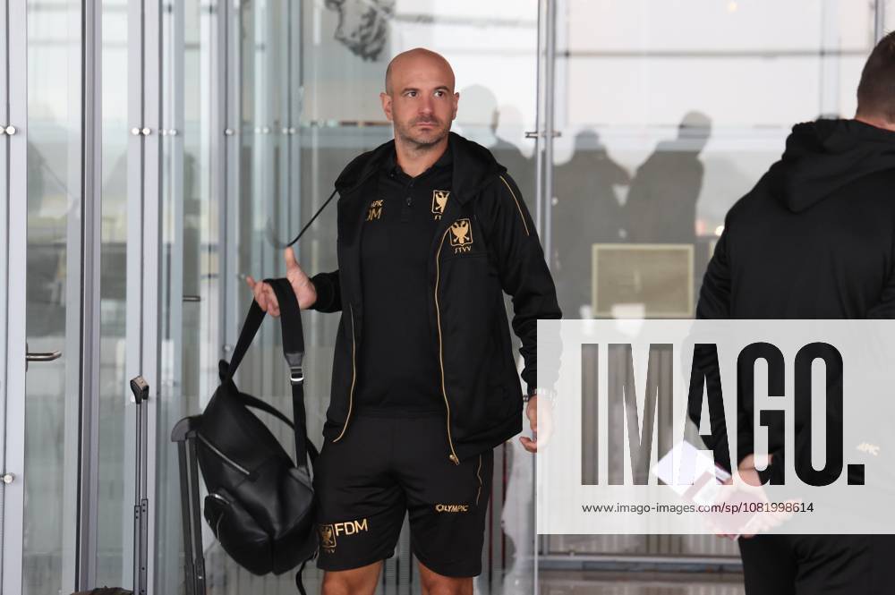 STVV s head coach Frederic De Meyer pictured at Liege airport as Belgian soccer team Sint-Truidense V.V. is on the way to Nicosie, Cyprus, Wednesday 26 August 2026, in preparations of the return leg of the play-off round for the UEFA Europa League league phase, against Cypriot team AC Omonoia Nicosia. STVV won the first leg 1-0. BRUNOxFAHY x184351659x