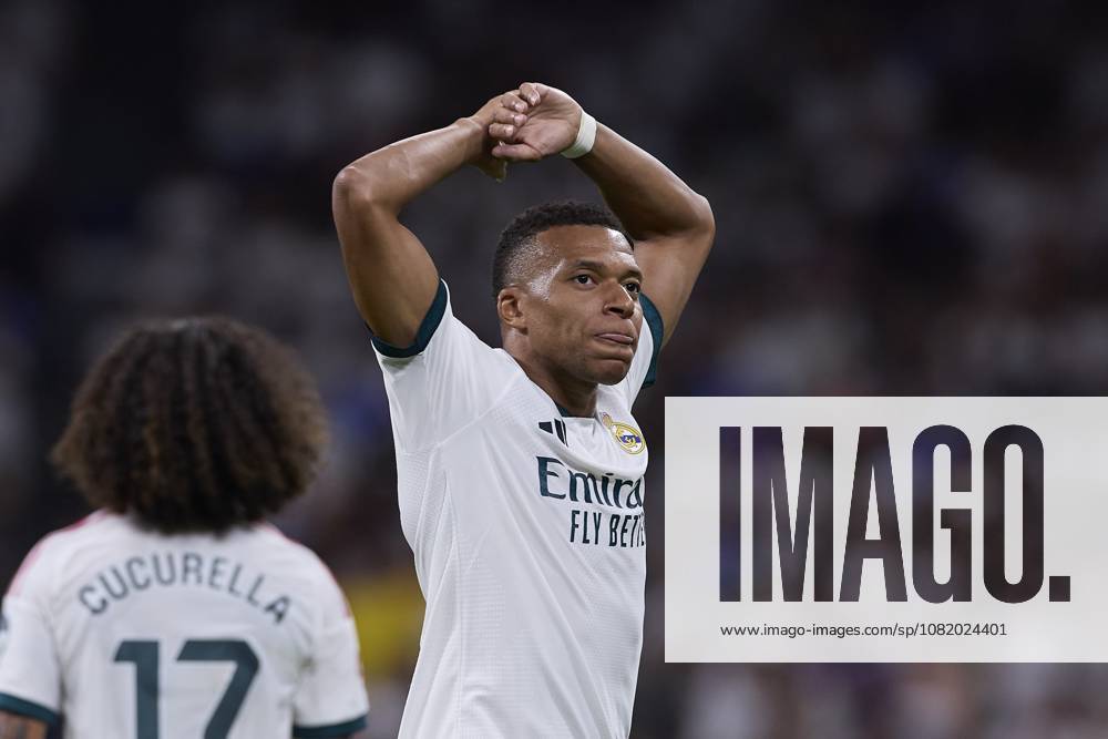 Kylian Mbappe of Real Madrid CF celebrates a goal during the LaLiga EA Sports 2026 2027 week 1 football match between Real Madrid CF and Real Sociedad at Santiago Bernabeu stadium. Final score; Real Madrid CF 4:1 Real Sociedad.A resounding victory for Real Madrid over Real Sociedad. A hat trick by Kylian Mbappe and a goal by Vinicius secured the first home win for Jose Mourinho s team. Madrid Spain - ZUMAs197 20260826_aaa_s197_355
