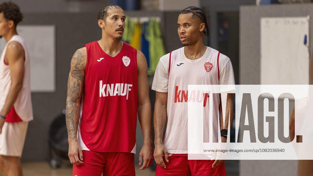 Pictured from left: Max Jones of the Würzburg Baskets, No. 2, and Sam Griffin of the Würzburg Baskets, No. 4, August 27, 2026; media training session for the Fitness First Würzburg Baskets 2026-27, Germany, Würzburg, training center,