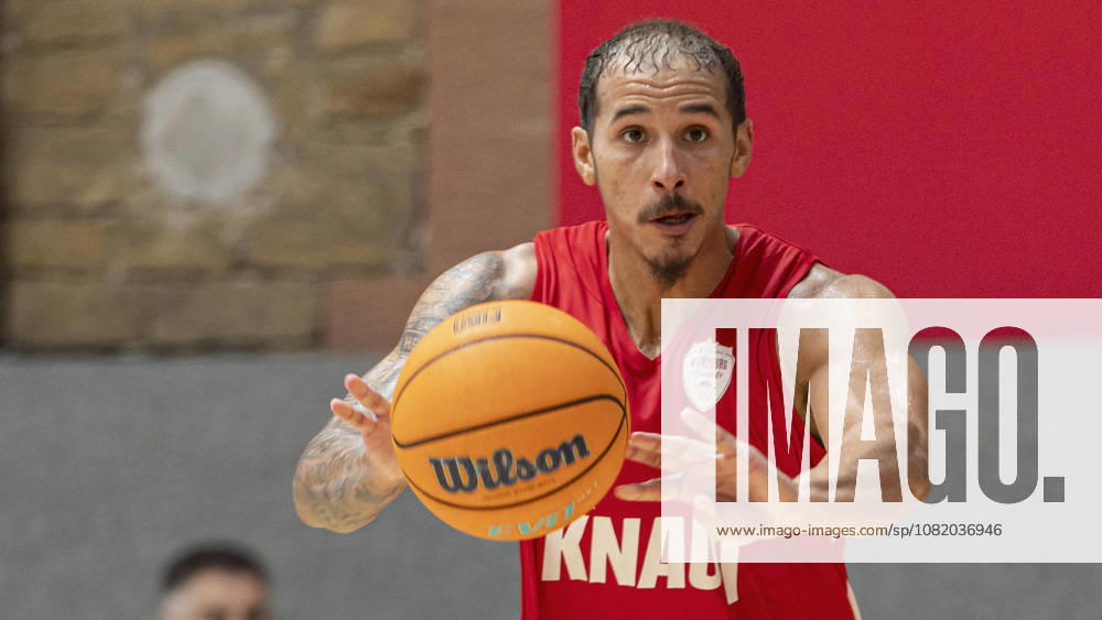 Pictured: Max Jones of the Würzburg Baskets, No. 2 making a pass on August 27, 2026; media training session for the Fitness First Würzburg Baskets 2026, Germany, Würzburg, training center,