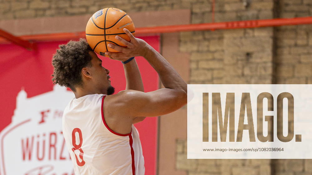 Pictured: Brandon Tischler of the Würzburg Baskets, No. 8, shooting a layup on August 27, 2026, during a media training session for the Fitness First Würzburg Baskets on August 27, 2026, in Würzburg, Germany, at the training center,