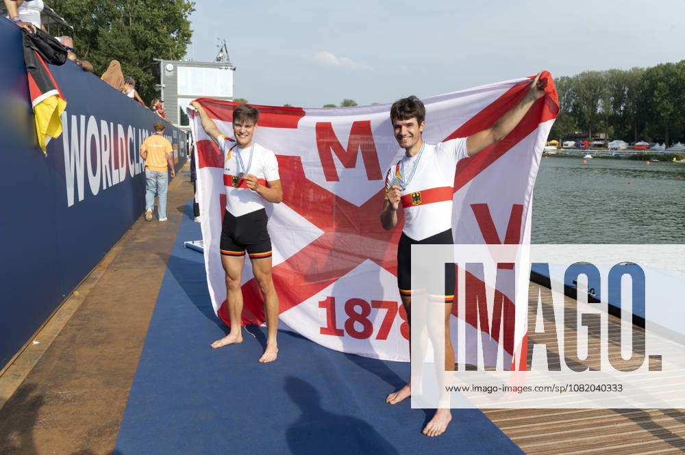 Amsterdam The Netherlands 27th August 2026 2026 World Rowing Championships on the Bosbaan in Amsterdam Lightweight Men s Double Sculls Final A (Final) Naveen Alexander Shah and Maximilian Ruehling (GER) win silver. With the flag of the Mainz Ruder-Verein 1878 watersport,