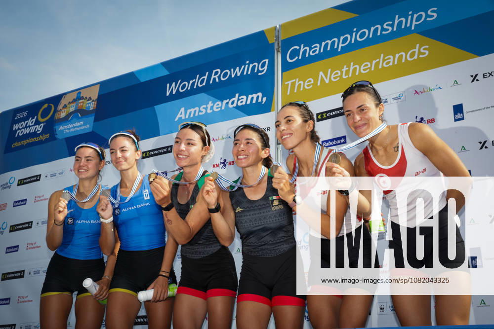 27th August 2026; Bosbaan, Amsterdam, Holland, Netherlands; 2026 World Rowing Championships, Day Four; the medal ceremony; Greece Lightweight Womens Double Sculls (LW2x) with Paschalina Mouratidou and Gavriela Lioliou silver medallists, Mexico Lightweight Womens Double Sculls (LW2x) with Aylin Maryah Ibarra Maduena and Melissa Marquez gold medallists and Tunisia Lightweight Womens Double Sculls (LW2x) with Khadija Krimi and Selma Dhaouadi bronze medallists AnthonyxBenoit