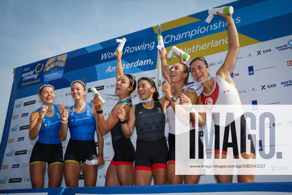 27th August 2026; Bosbaan, Amsterdam, Holland, Netherlands; 2026 World Rowing Championships, Day Four; the medal ceremony; Greece Lightweight Womens Double Sculls (LW2x) with Paschalina Mouratidou and Gavriela Lioliou silver medallists, Mexico Lightweight Womens Double Sculls (LW2x) with Aylin Maryah Ibarra Maduena and Melissa Marquez gold medallists and Tunisia Lightweight Womens Double Sculls (LW2x) with Khadija Krimi and Selma Dhaouadi bronze medallists AnthonyxBenoit