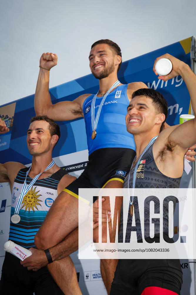 27th August 2026; Bosbaan, Amsterdam, Holland, Netherlands; 2026 World Rowing Championships, Day Four; the medal ceremony; Uruguay Lightweight Mens Single Sculls (LM1x) with Felipe Kluver Ferreira silver medallist, Greece Lightweight Mens Single Sculls (LM1x) with Petros Gkaidatzis gold medallist and Mexico Lightweight Mens Single Sculls (LM1x) with Alexis Lopez Garcia bronze medallist AnthonyxBenoit