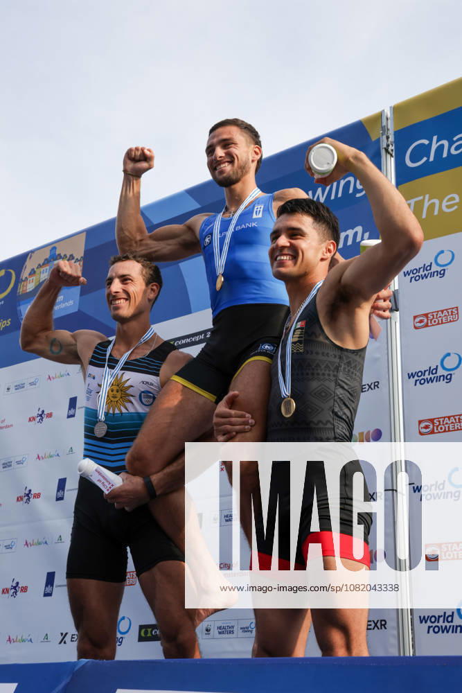 27th August 2026; Bosbaan, Amsterdam, Holland, Netherlands; 2026 World Rowing Championships, Day Four; the medal ceremony; Uruguay Lightweight Mens Single Sculls (LM1x) with Felipe Kluver Ferreira silver medallist, Greece Lightweight Mens Single Sculls (LM1x) with Petros Gkaidatzis gold medallist and Mexico Lightweight Mens Single Sculls (LM1x) with Alexis Lopez Garcia bronze medallist AnthonyxBenoit