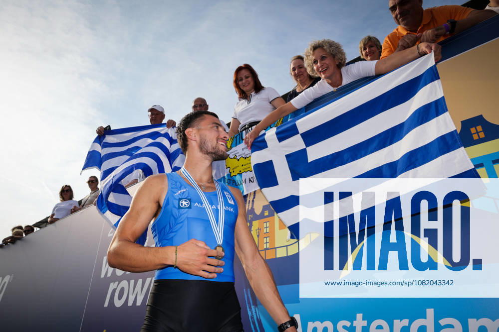 27th August 2026; Bosbaan, Amsterdam, Holland, Netherlands; 2026 World Rowing Championships, Day Four; Greek fans celebrate with Greece Lightweight Mens Single Sculls (LM1x) with Petros Gkaidatzis gold medallist AnthonyxBenoit