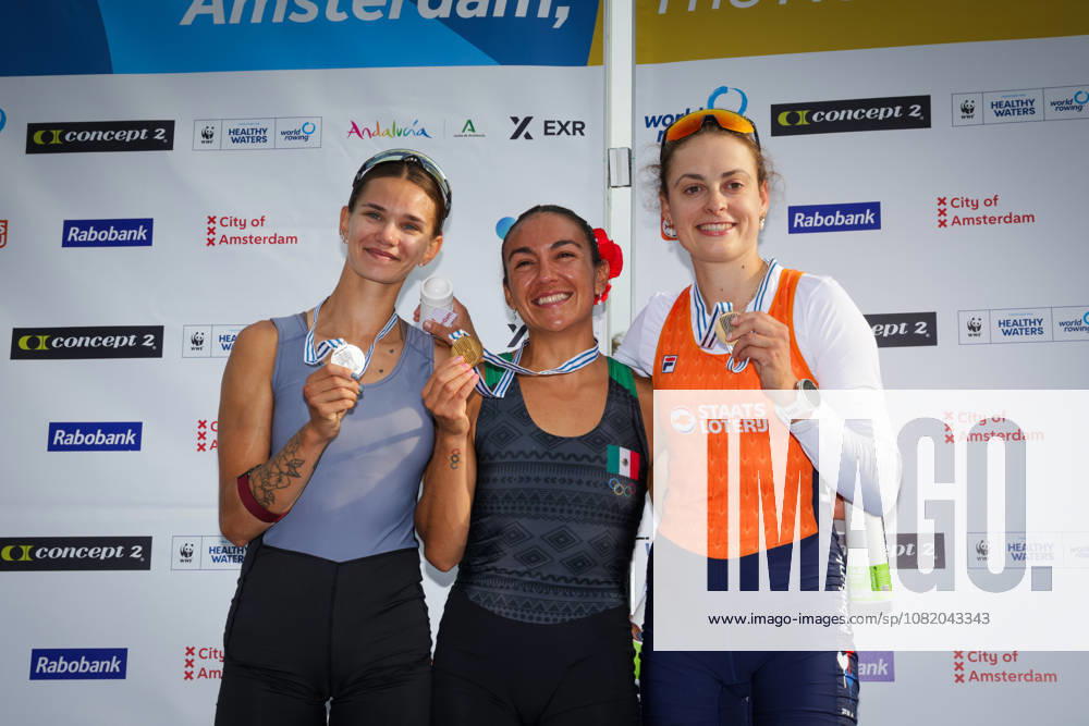 27th August 2026; Bosbaan, Amsterdam, Holland, Netherlands; 2026 World Rowing Championships, Day Four; the medal ceremony; Mexico Lightweight Womens Single Sculls (LW1x) with Kenia Lechuga Alanis gold medallist, Individual Neutral Athletes (AIN) Lightweight Womens Single Sculls (LW1x) with Mariia Zhovner silver medallist and Netherlands Lightweight Womens Single Sculls (LW1x) with Femke van de Vliet bronze medallist AnthonyxBenoit