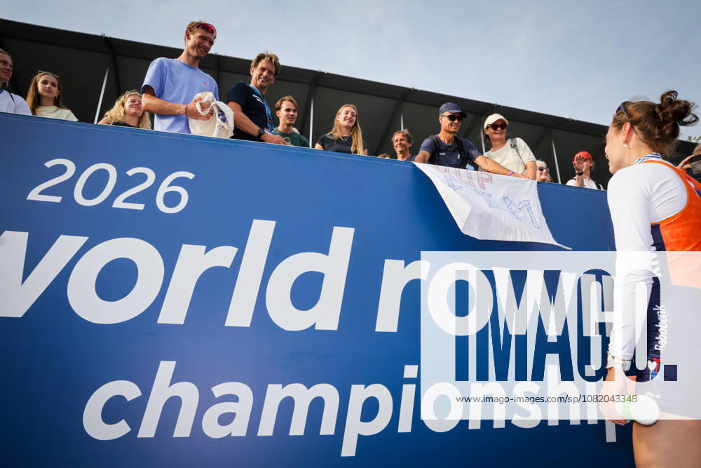 27th August 2026; Bosbaan, Amsterdam, Holland, Netherlands; 2026 World Rowing Championships, Day Four; the medal ceremony; Dutch fans celebrate Netherlands Lightweight Womens Single Sculls (LW1x) with Femke van de Vliet, bronze medallist AnthonyxBenoit