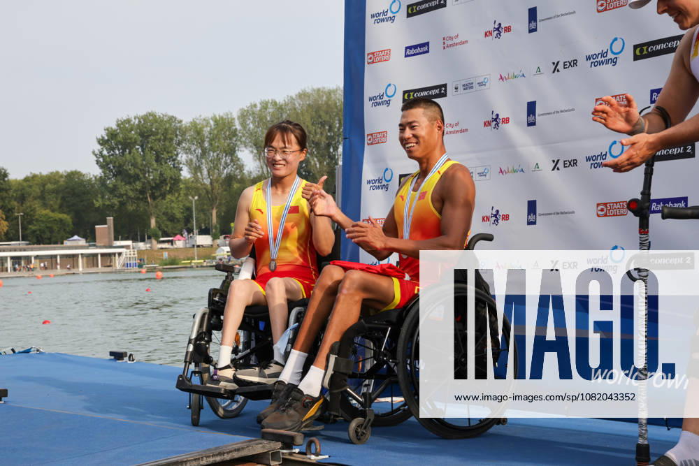 27th August 2026; Bosbaan, Amsterdam, Holland, Netherlands; 2026 World Rowing Championships, Day Four; the medal ceremony; China PR2 Mixed Double Sculls (PR2 Mix2x) with Shuang Liu and Jijian Jiang silver medallists AnthonyxBenoit