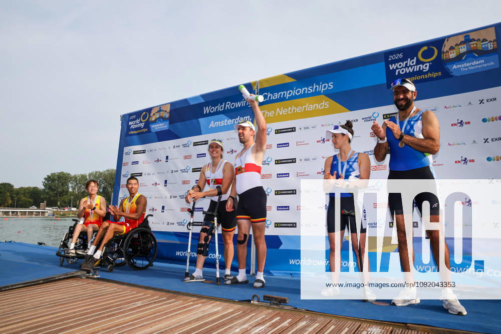 27th August 2026; Bosbaan, Amsterdam, Holland, Netherlands; 2026 World Rowing Championships, Day Four; the medal ceremony; China PR2 Mixed Double Sculls (PR2 Mix2x) with Shuang Liu and Jijian Jiang silver medallists, Germany PR2 Mixed Double Sculls (PR2 Mix2x) with Jasmina Bier and Paul Umbach gold medallists and Israel PR2 Mixed Double Sculls (PR2 Mix2x) with Shahar Milfelder and Saleh Shahin bronze medallists AnthonyxBenoit