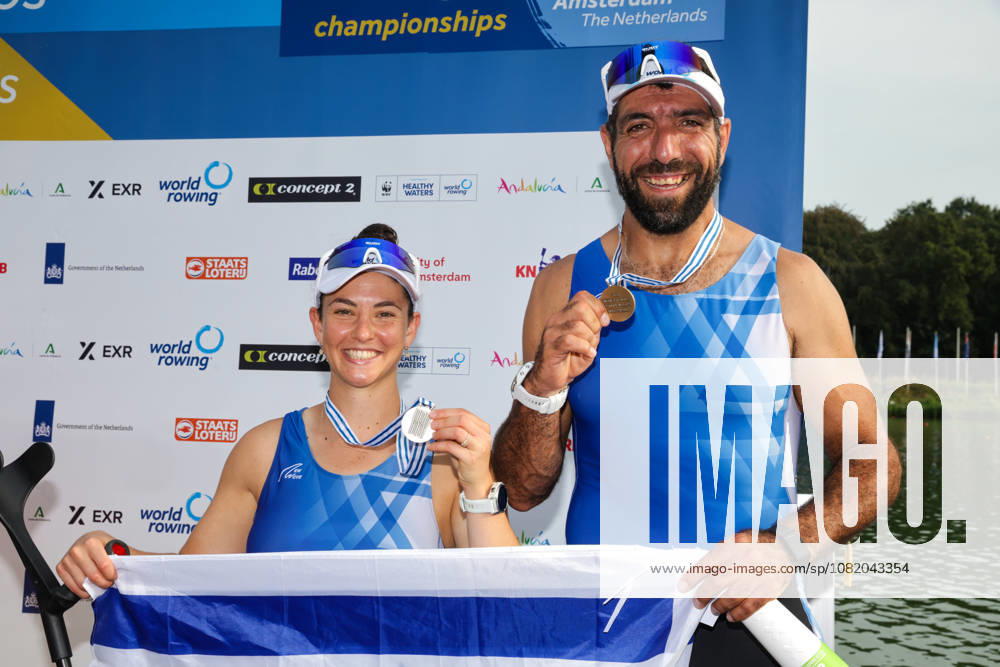 27th August 2026; Bosbaan, Amsterdam, Holland, Netherlands; 2026 World Rowing Championships, Day Four; the medal ceremony; Israel PR2 Mixed Double Sculls (PR2 Mix2x) with Shahar Milfelder and Saleh Shahin bronze medallists AnthonyxBenoit