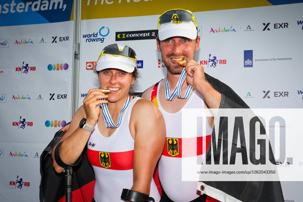 27th August 2026; Bosbaan, Amsterdam, Holland, Netherlands; 2026 World Rowing Championships, Day Four; the medal ceremony; Germany PR2 Mixed Double Sculls (PR2 Mix2x) with Jasmina Bier and Paul Umbach gold medallists AnthonyxBenoit