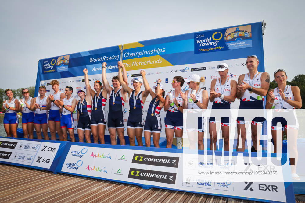 27th August 2026; Bosbaan, Amsterdam, Holland, Netherlands; 2026 World Rowing Championships, Day Four; =podium; Great Britain PR3 Mixed Coxed Four (PR3 Mix4+) with Francesca Allen, Charlotte Coburn, Jonty Ridley and Joshua OBrien, coxed by Omar Al-Miqdadi silver medallists, United States PR3 Mixed Coxed Four (PR3 Mix4+) with Gabriella Bigler, Skylar Dahl, Maxwell Allemeier and Alex Flynn, coxed by Hannah Diaz gold medallists and France PR3 Mixed Coxed Four (PR3 Mix4+) with Eva David, Helene Balzac, Gregoire Bireau and Laurent Cadot, coxed by Maiwenn Dumont bronze medallists AnthonyxBenoit