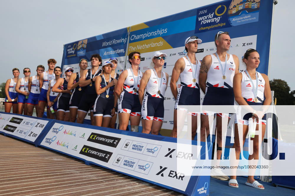 27th August 2026; Bosbaan, Amsterdam, Holland, Netherlands; 2026 World Rowing Championships, Day Four; =podium; Great Britain PR3 Mixed Coxed Four (PR3 Mix4+) with Francesca Allen, Charlotte Coburn, Jonty Ridley and Joshua OBrien, coxed by Omar Al-Miqdadi silver medallists, United States PR3 Mixed Coxed Four (PR3 Mix4+) with Gabriella Bigler, Skylar Dahl, Maxwell Allemeier and Alex Flynn, coxed by Hannah Diaz gold medallists and France PR3 Mixed Coxed Four (PR3 Mix4+) with Eva David, Helene Balzac, Gregoire Bireau and Laurent Cadot, coxed by Maiwenn Dumont bronze medallists AnthonyxBenoit