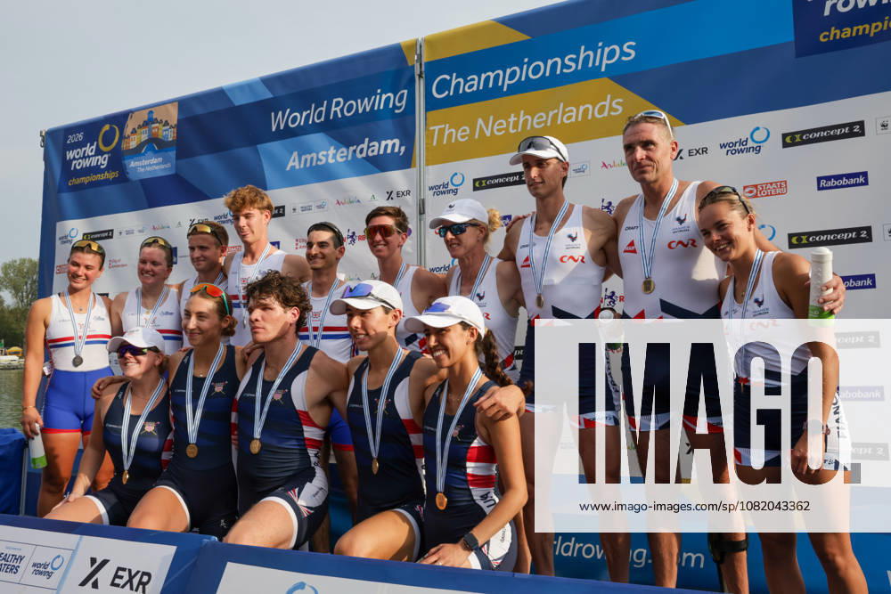 27th August 2026; Bosbaan, Amsterdam, Holland, Netherlands; 2026 World Rowing Championships, Day Four; =podium; Great Britain PR3 Mixed Coxed Four (PR3 Mix4+) with Francesca Allen, Charlotte Coburn, Jonty Ridley and Joshua OBrien, coxed by Omar Al-Miqdadi silver medallists, United States PR3 Mixed Coxed Four (PR3 Mix4+) with Gabriella Bigler, Skylar Dahl, Maxwell Allemeier and Alex Flynn, coxed by Hannah Diaz gold medallists and France PR3 Mixed Coxed Four (PR3 Mix4+) with Eva David, Helene Balzac, Gregoire Bireau and Laurent Cadot, coxed by Maiwenn Dumont bronze medallists AnthonyxBenoit