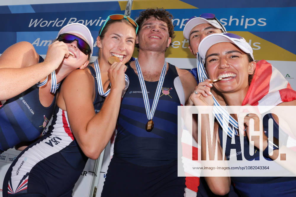 27th August 2026; Bosbaan, Amsterdam, Holland, Netherlands; 2026 World Rowing Championships, Day Four; the medal ceremony; United States PR3 Mixed Coxed Four (PR3 Mix4+) with Gabriella Bigler, Skylar Dahl, Maxwell Allemeier and Alex Flynn, coxed by Hannah Diaz gold medallists AnthonyxBenoit