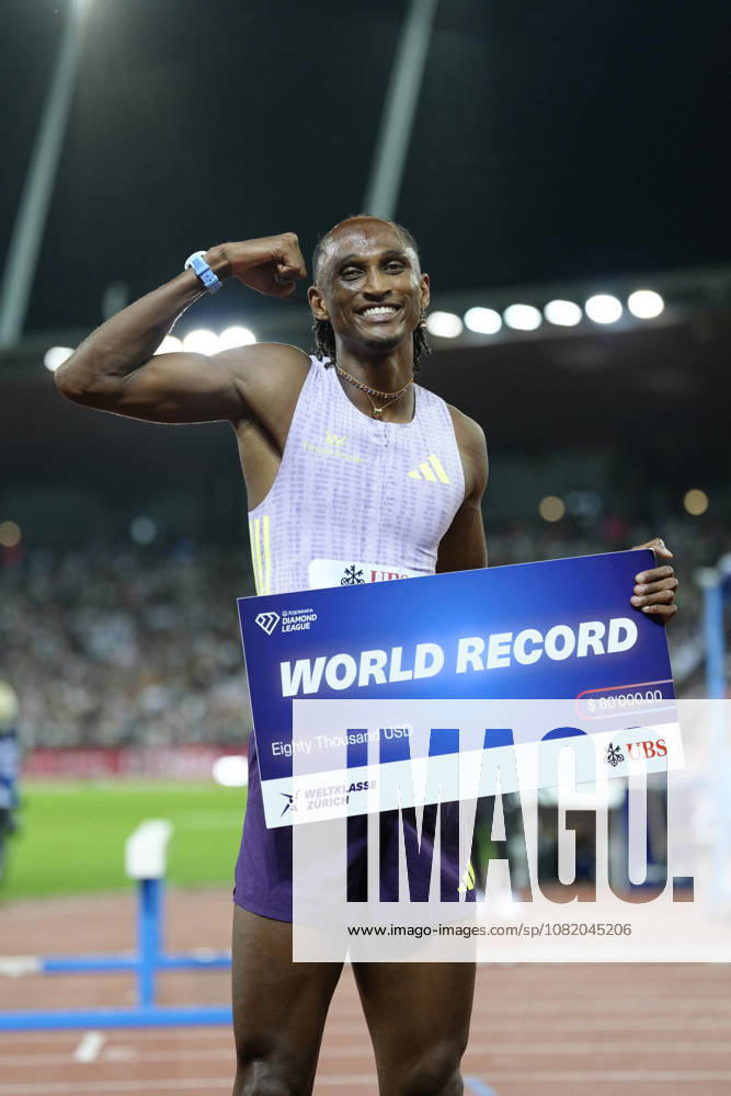 Alison dos Santos (BRA) with a new world record competes in the 400m Hurdles Men during the Wanda Diamond League Weltklasse Zürich at Stadion Letzigrund on August 27, 2026 in Zürich, Switzerland.