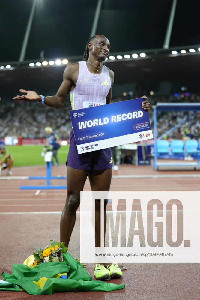 Alison dos Santos (BRA) with a new world record competes in the 400m Hurdles Men during the Wanda Diamond League Weltklasse Zürich at Stadion Letzigrund on August 27, 2026 in Zürich, Switzerland.