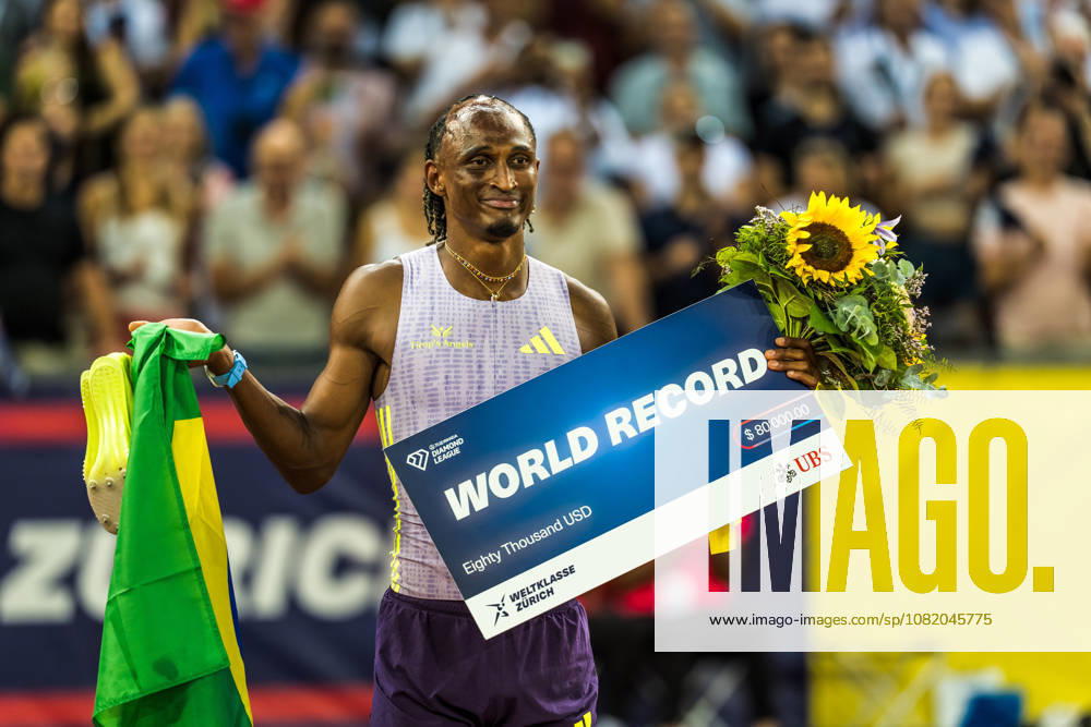 World record for Alison Dos Santos of Brazil (BRA) in the 400 m hurdles at Diamond League: Weltklasse Zürich on August 27, 2026 in the Stadion Letzigrund, Zürich, Switzerland.