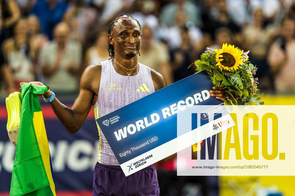 World record for Alison Dos Santos of Brazil (BRA) in the 400 m hurdles at Diamond League: Weltklasse Zürich on August 27, 2026 in the Stadion Letzigrund, Zürich, Switzerland.