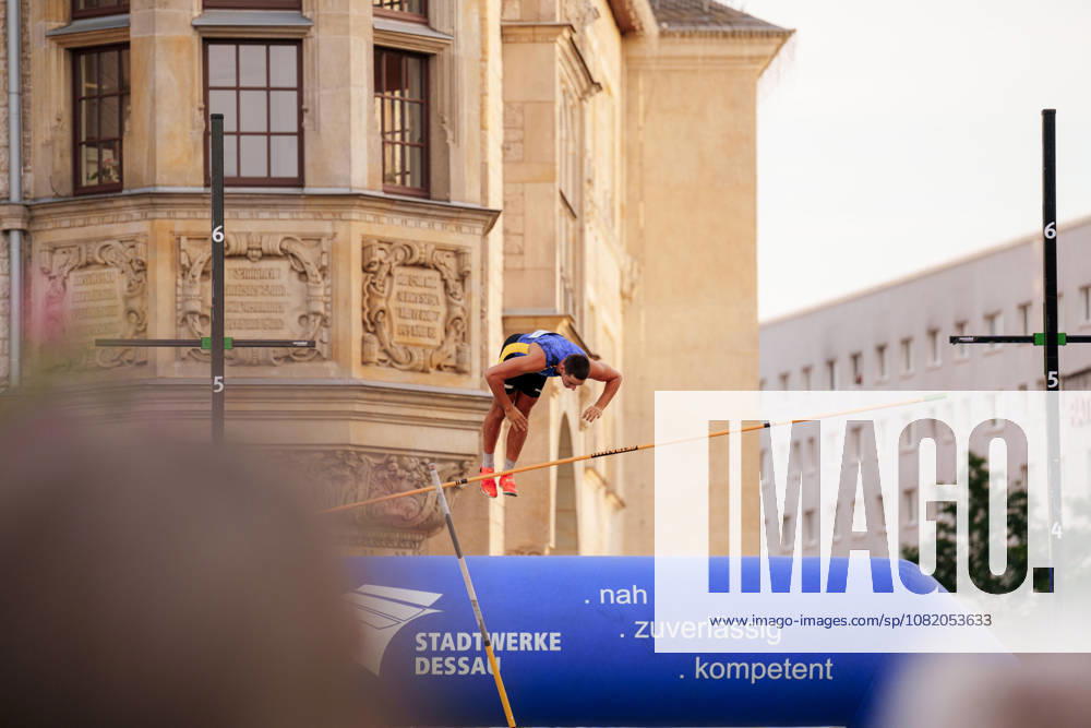 6th International DVV Stadtwerke Pole Vault Meeting: Filip Kempski (POL) knocks the bar off on August 27, 2026, at the Marktplatz in Dessau, Dessau-Roßlau, Saxony-Anhalt, Germany