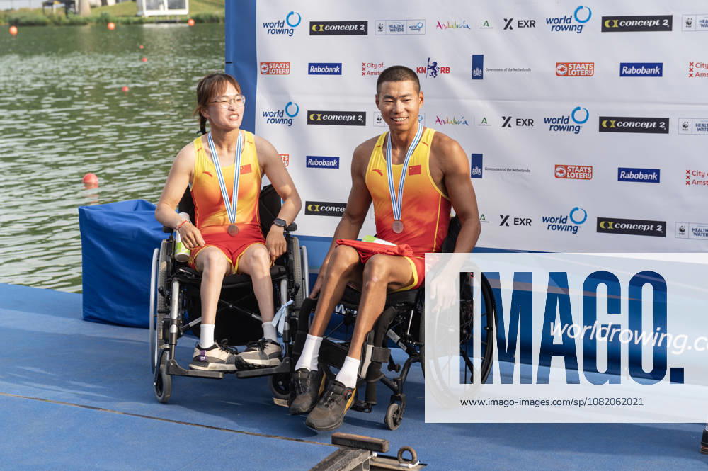 Amsterdam The Netherlands 27th August 2026 2026 World Rowing Championships on the Bosbaan in Amsterdam PR2 Mixed Double Sculls Final A (Final) Medal ceremony. Shuang Liu and Jijian Jiang (CHN) win silver watersport,