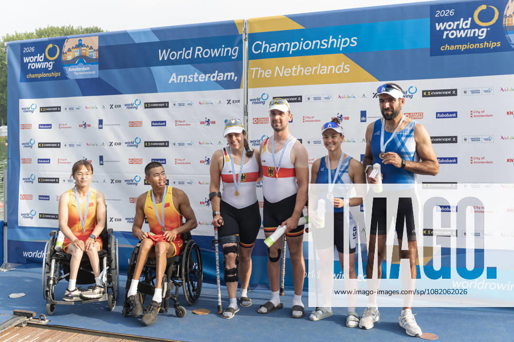 Amsterdam The Netherlands 27th August 2026 2026 World Rowing Championships on the Bosbaan in Amsterdam PR2 Mixed Double Sculls Final A (Final) Medal ceremony. Shuang Liu and Jijian Jiang (CHN) win silver Jasmina Bier and Paul Umbach (GER) win gold. Shahar Milfelder and Saleh Shahin (ISL) win bronze. watersport,
