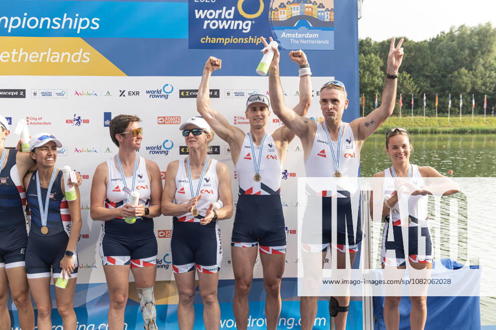 Amsterdam The Netherlands 27th August 2026 2026 World Rowing Championships on the Bosbaan in Amsterdam PR3 Mixed Coxed Four Final A (Final) Medal ceremony. B Eva David 2 Helene Balzac 3 Gregoire Bireau S Laurent Cadot C Maiwenn Dumont (FRA) win bronze. watersport,
