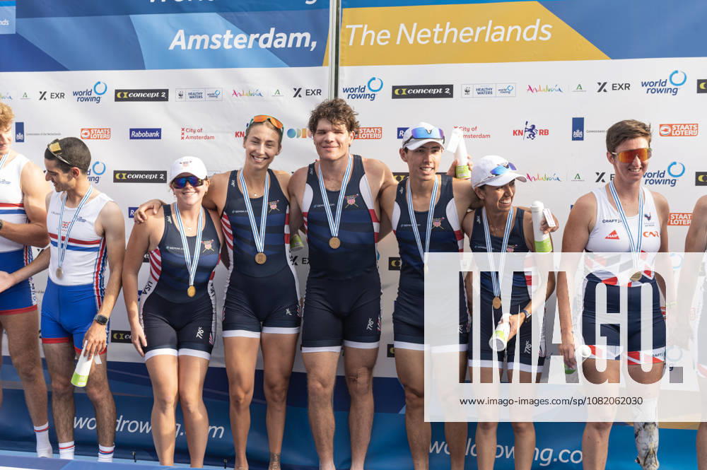 Amsterdam The Netherlands 27th August 2026 2026 World Rowing Championships on the Bosbaan in Amsterdam PR3 Mixed Coxed Four Final A (Final) Medal ceremony. B Gabriella Bigler 2 Skylar Dahl 3 Maxwell Allemeier S Alex Flynn C Hannah Diaz (USA) win gold. watersport,