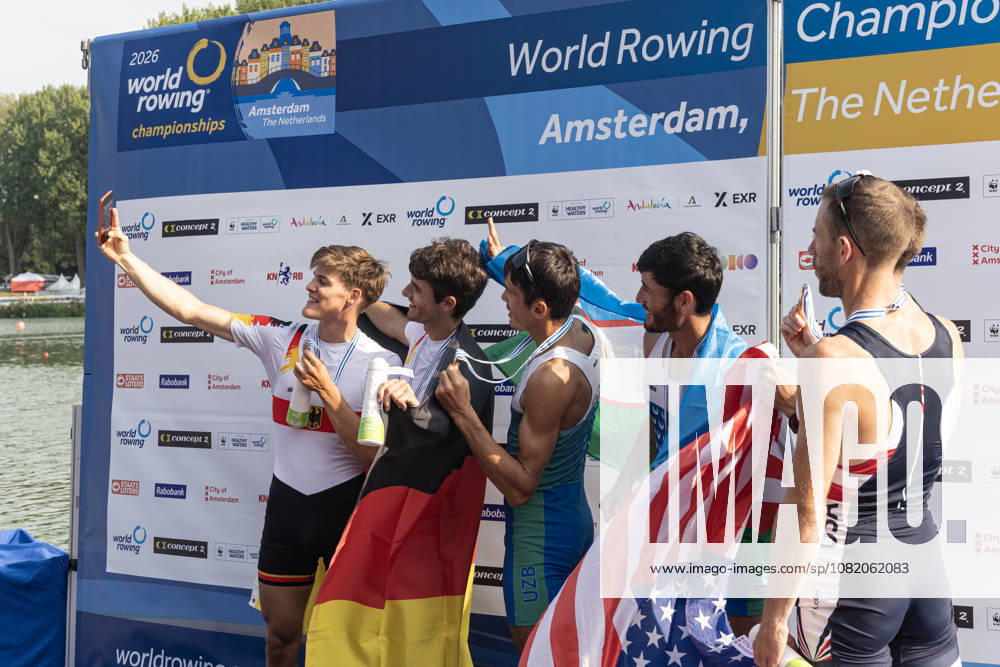 Amsterdam The Netherlands 27th August 2026 2026 World Rowing Championships on the Bosbaan in Amsterdam Lightweight Men s Double Sculls Final A (Final) Medal ceremony Naveen Alexander Shah and Maximilian Ruehling (GER) win silver Shakhzod Nurmatov and Sobirjon Safaroliyev (UZB) win gold Jamie Copus and Sean Richardson (USA) win bronze. watersport,selfies, social media, selfie,