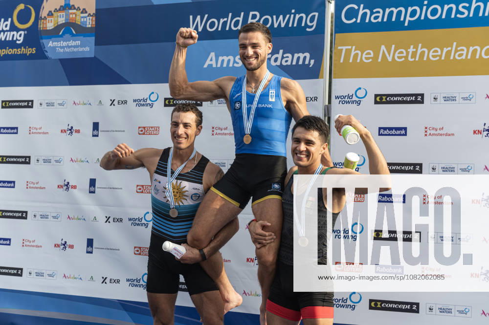 Amsterdam The Netherlands 27th August 2026 2026 World Rowing Championships on the Bosbaan in Amsterdam Lightweight Men s Single Sculls Final A (Final) Petros Gkaidatzis (GRE) wins gold supported by Felipe Kluver Ferreira (URU) silver, and Alexis Lopez Garcia (MEX) bronze. watersport,