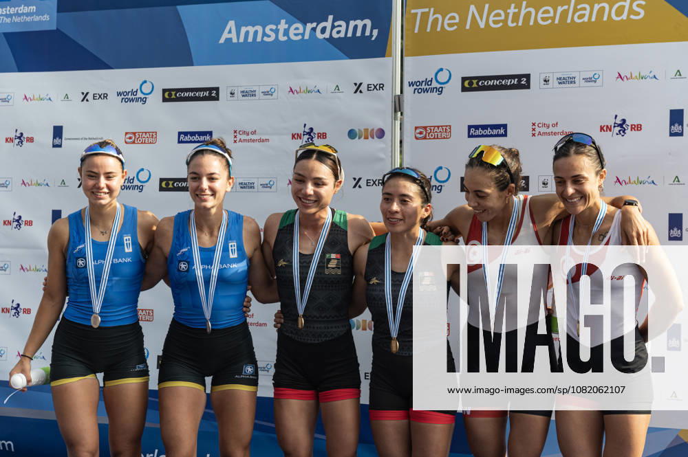 Amsterdam The Netherlands 27th August 2026 2026 World Rowing Championships on the Bosbaan in Amsterdam Lightweight Women s Double Sculls Final (Final) Medal ceremony. Silver medal winners. Paschalina Mouratidou and Gavriela Lioliou (GRE) Gold medal winners Aylin Maryah Ibarra Maduena and Melissa Marquez (MEX) Bronze medal winners Khadija Krimi and Selma Dhaouadi (TUN) watersport,