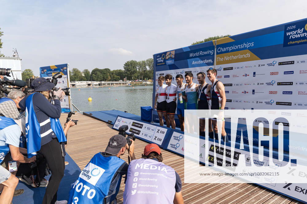 Amsterdam The Netherlands 27th August 2026 2026 World Rowing Championships on the Bosbaan in Amsterdam Lightweight Men s Double Sculls Final A (Final) Medal ceremony Naveen Alexander Shah and Maximilian Ruehling (GER) win silver Shakhzod Nurmatov and Sobirjon Safaroliyev (UZB) win gold Jamie Copus and Sean Richardson (USA) win bronze. watersport, photographers, media,