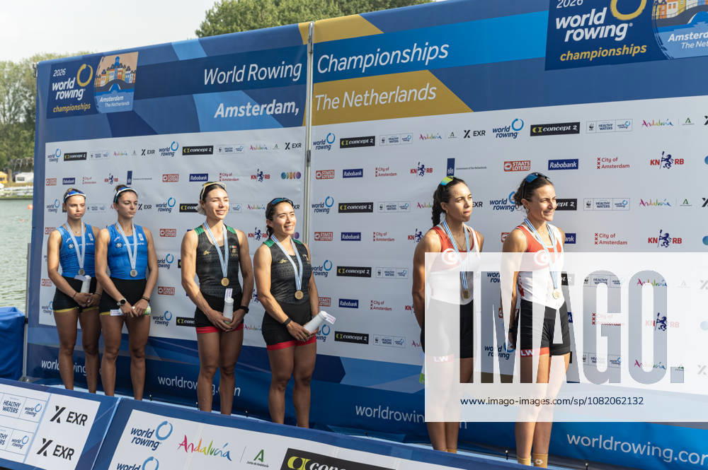 Amsterdam The Netherlands 27th August 2026 2026 World Rowing Championships on the Bosbaan in Amsterdam Lightweight Women s Double Sculls Final (Final) Medal ceremony. Silver medal winners. Paschalina Mouratidou and Gavriela Lioliou (GRE) Gold medal winners Aylin Maryah Ibarra Maduena and Melissa Marquez (MEX) Bronze medal winners Khadija Krimi and Selma Dhaouadi (TUN) watersport,