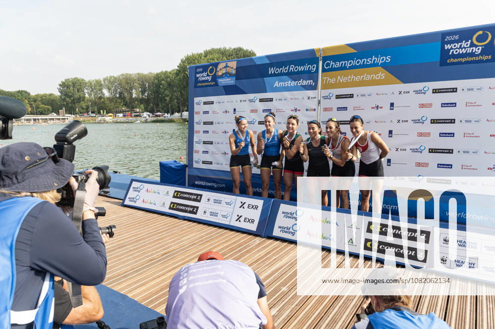 Amsterdam The Netherlands 27th August 2026 2026 World Rowing Championships on the Bosbaan in Amsterdam Lightweight Women s Double Sculls Final (Final) Medal ceremony. Silver medal winners. Paschalina Mouratidou and Gavriela Lioliou (GRE) Gold medal winners Aylin Maryah Ibarra Maduena and Melissa Marquez (MEX) Bronze medal winners Khadija Krimi and Selma Dhaouadi (TUN) watersport,