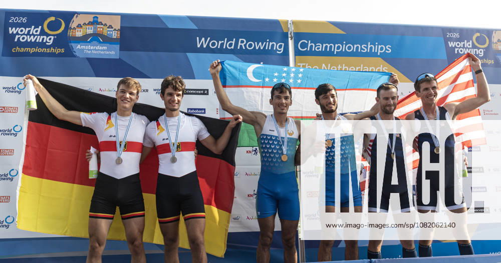 Amsterdam The Netherlands 27th August 2026 2026 World Rowing Championships on the Bosbaan in Amsterdam Lightweight Men s Double Sculls Final A (Final) Medal ceremony Naveen Alexander Shah and Maximilian Ruehling (GER) win silver Shakhzod Nurmatov and Sobirjon Safaroliyev (UZB) win gold Jamie Copus and Sean Richardson (USA) win bronze. watersport,