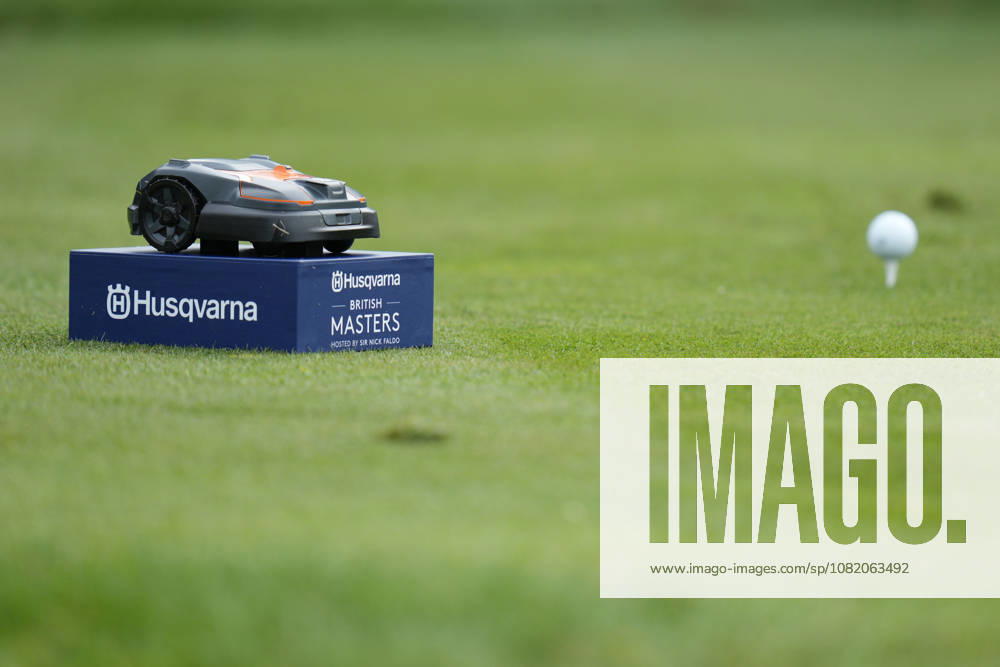 SUTTON COLDFIELD, ENGLAND - AUG 28: A model Husqvarna Robotic Mower is displayed on a tee box during the completion of the delayed Round 1 at the 2026 Husqvarna British Masters at The Belfry, Sutton Coalfield on August 28, 2026 in Warwickshire, England The 2026 Husqvarna British Masters