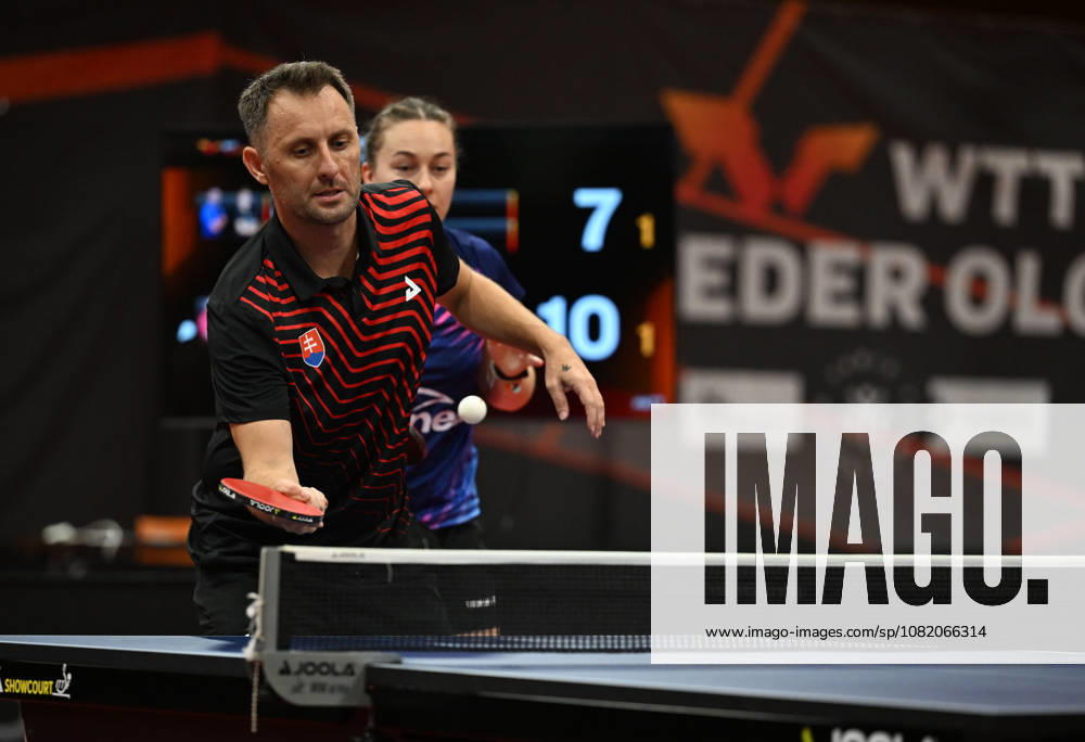 Final of mixed doubles of Table tennis, Tischtennis during the WTT Feeder Olomouc, Czech Republic, August 28, 2026. From right Natalia Bajorova of Poland, Lubomir Pistej od Slovakia. (CTKxPhoto LudekxPerina) CTKPhotoP2026082804523 CTKPhotoP2026082804523