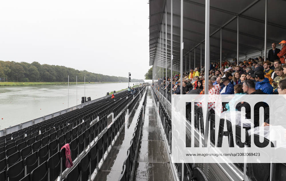 Amsterdam The Netherlands 28th August 2026 2026 World Rowing Championships on the Bosbaan in Amsterdam Rain stops play. Empty and full tribunes along the Bosbaan wet and dry.