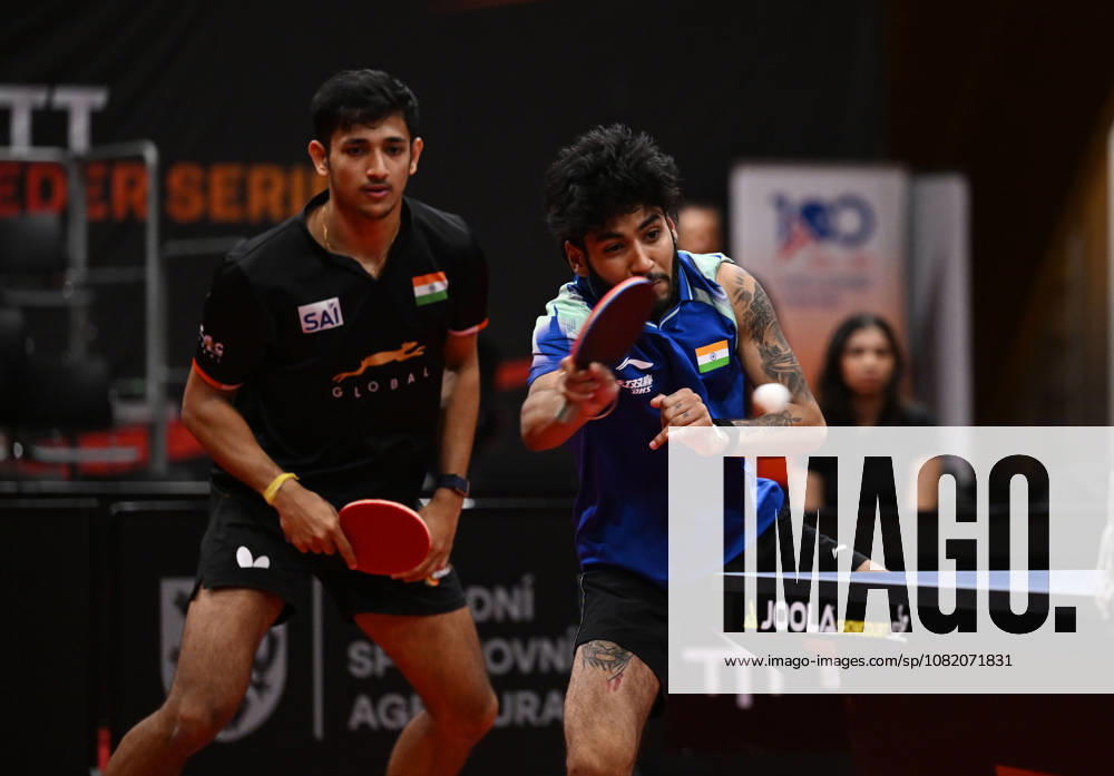 From left Akash Pal and Ankur Bhattacharjee of India in action during the match against Mateusz Zalewski of Poland and David Szantosi of Hungary during the men s doubles Table tennis, Tischtennis final at the WTT Feeder in Olomouc, Czech Republic, on August 28, 2026. (CTKxPhoto LudekxPerina) CTKPhotoP2026082806306 CTKPhotoP2026082806306
